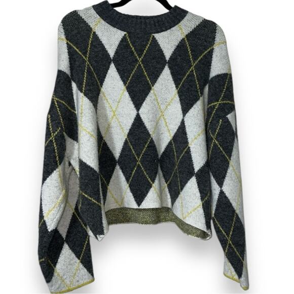 PRINGLE OF SCOTLAND X H&M size medium oversized Argyle Sweater grey yellow cream - Picture 9 of 9
